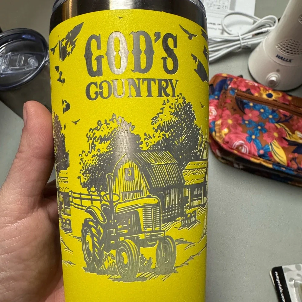 God's Country Yellow Stainless Tumbler - Farm Tractor Design